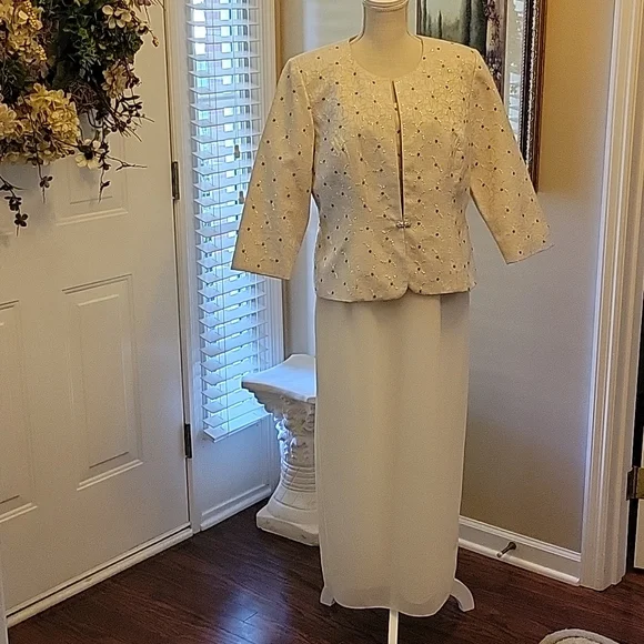 Coldwater Creek cream beaded sleeveless dress textured beaded jacket size 14…EUC - Picture 1 of 10